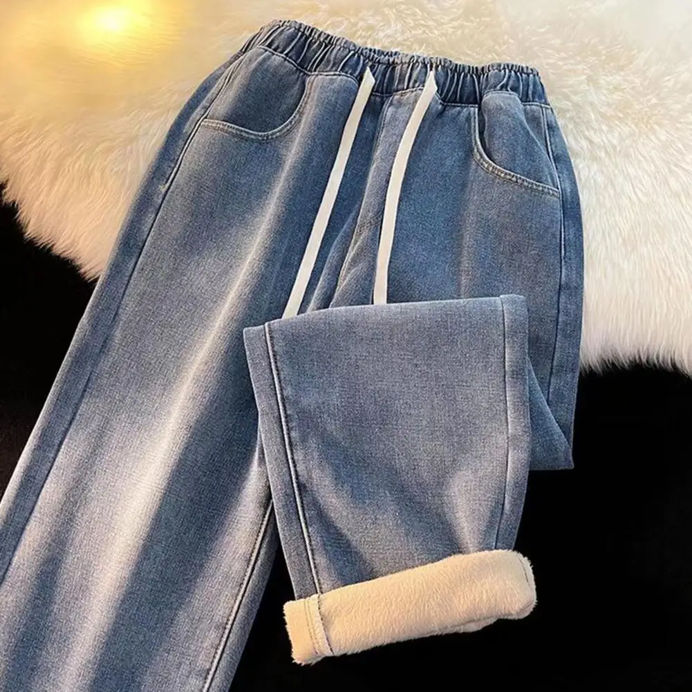 

Thicken Warm Plush Lined Wide Leg Jean Fashion High Waist Washing New Fall Winter Classic Snow Wear Men Denim Pants Trousers