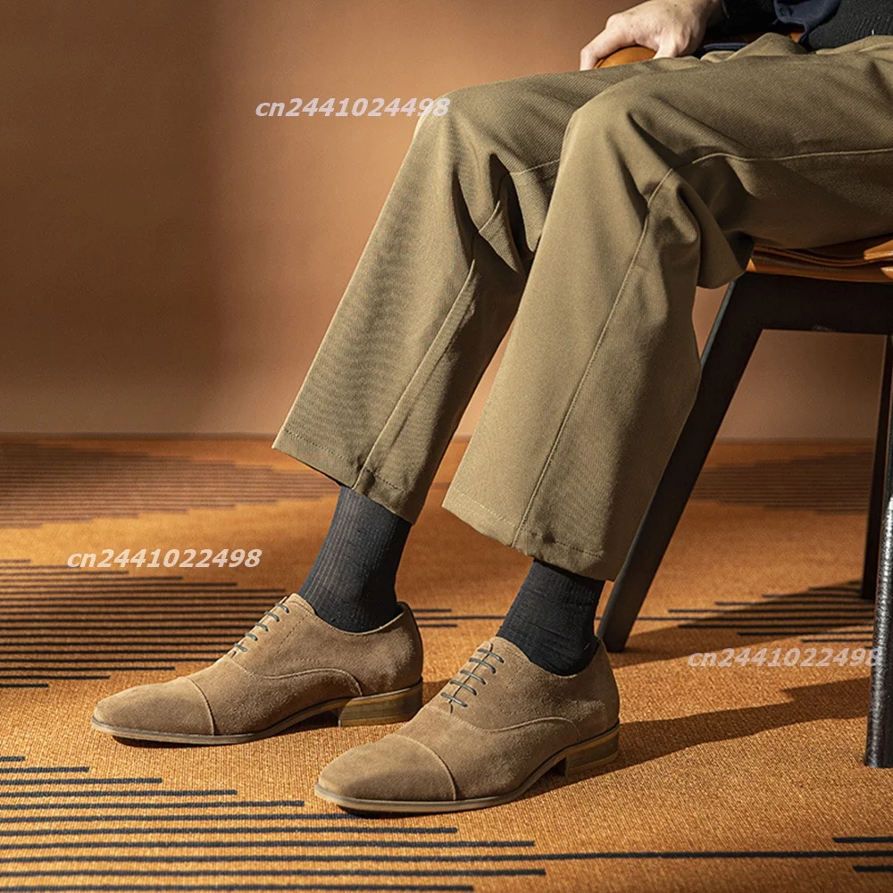 Khaki Men's Round Toe Oxford Shoes Lace up Suede Leather Casual Shoes Flat Thin Outsole Synthetic Dress Footwear for Outdoor