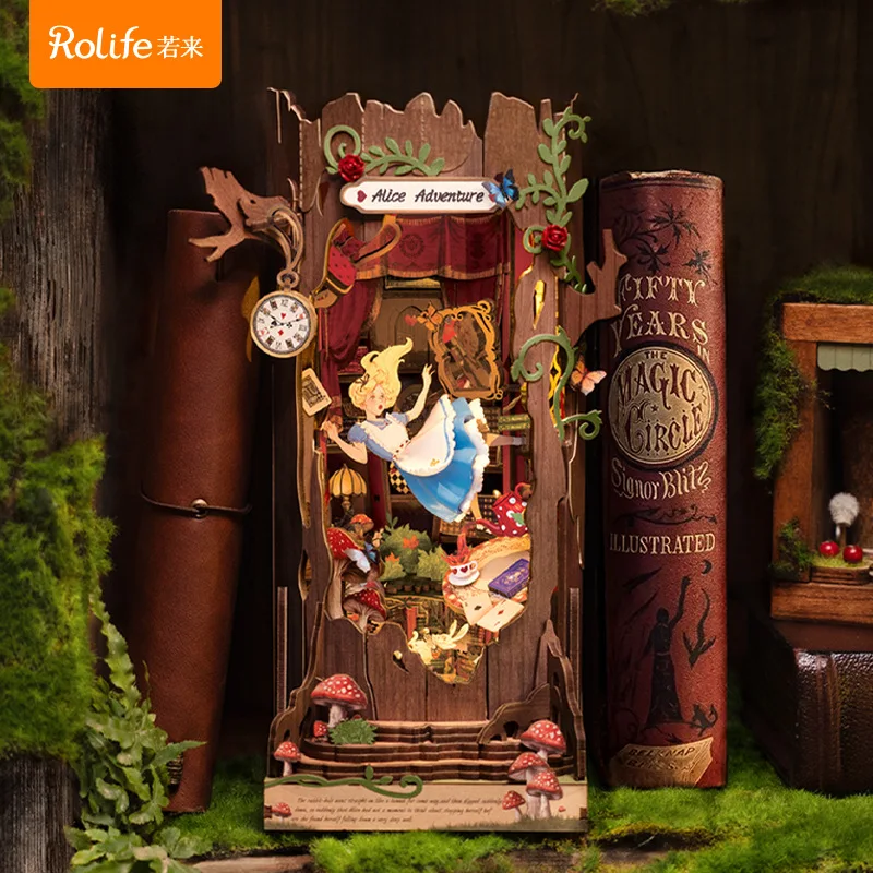 アリスアドベンチャー木製ビルディングブロック、ブックエンドデスクトップ装飾、パズル組み立てモデルおもちゃ、男の子と女の子への誕生日プレゼント