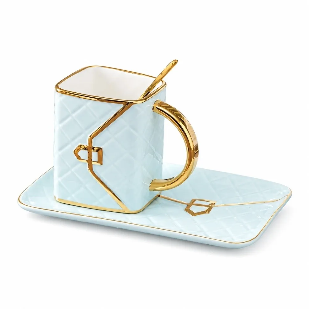 Cute 310ml Handbag Coffee Mug Set With Saucer&Spoon Blue/Black/White Ceramic Tea Cup Set Cappuccino Cup Set For Grandmom