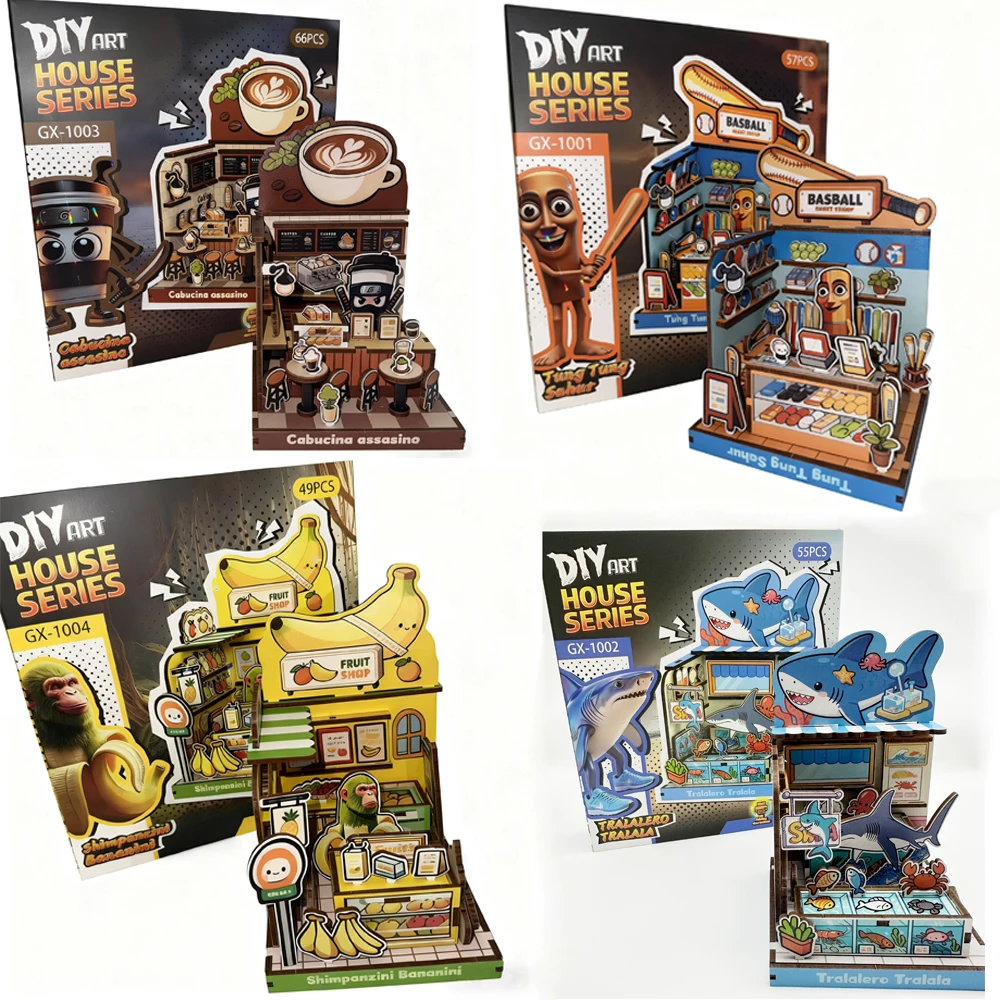 DIY 3D 木製パズル アニメハウス ミニチュアボックス 組み立てモデル構築キット 木製クラフトギフト 家族装飾 Tralalero Tralala