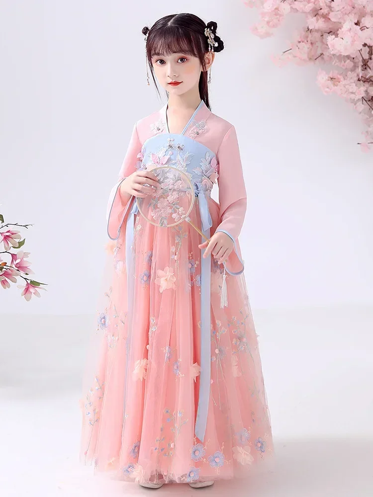 Roupa antiga hanfu infantil para meninas, estilo tang, antiga chinesa, nova, primavera e outono