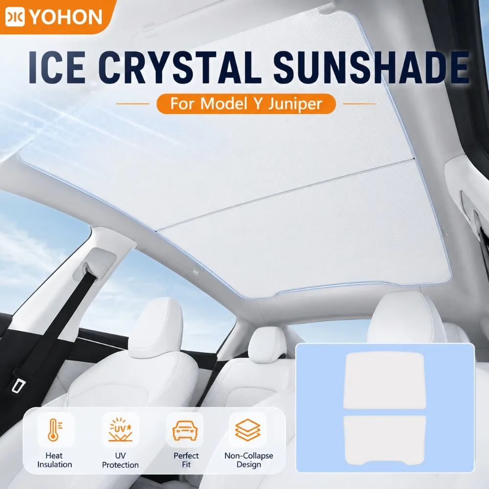 YOHON Ice Crystal Roof Sunshade Compatible For Tesla Model Y Juniper 2025 2026 2027 6-Layer Heat Insulation UV Block Glass Shade