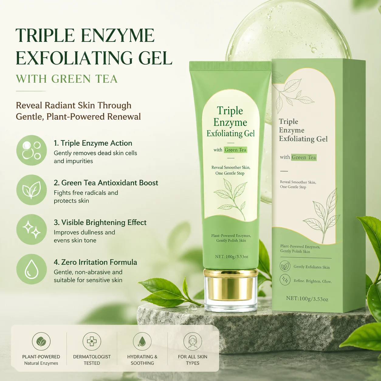 100g Triple Enzyme Exfoliating Gel with Green Tea, Gentle Non-Abrasive Face Peeling Gel, Dead Skin Remover Pore Minimizer
