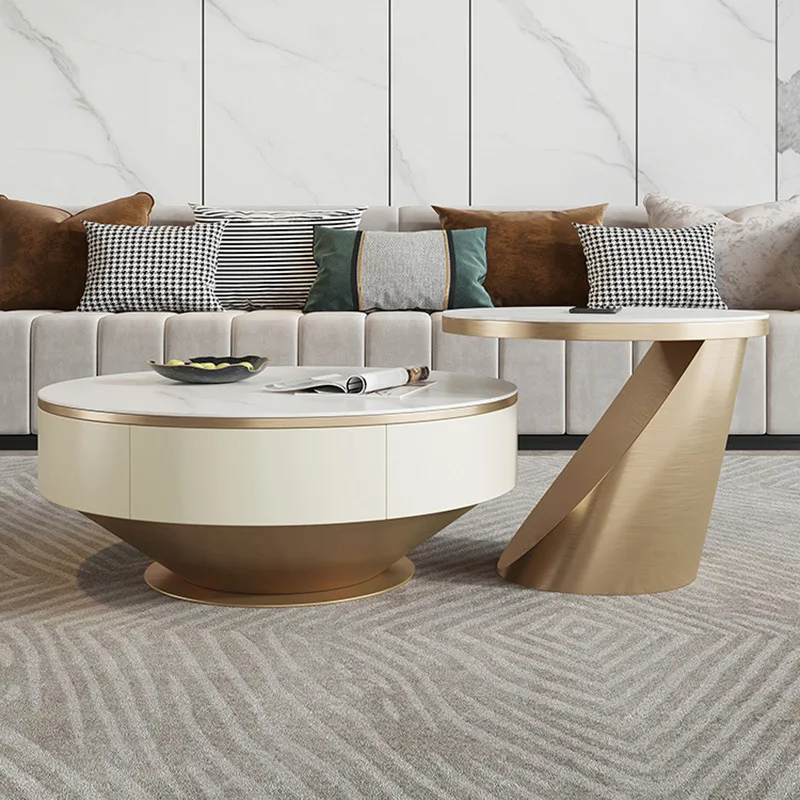 Italian Light Luxury Size Round Rock Panel Coffee Table TV Cabinet Combination of Small Household Modern Simple