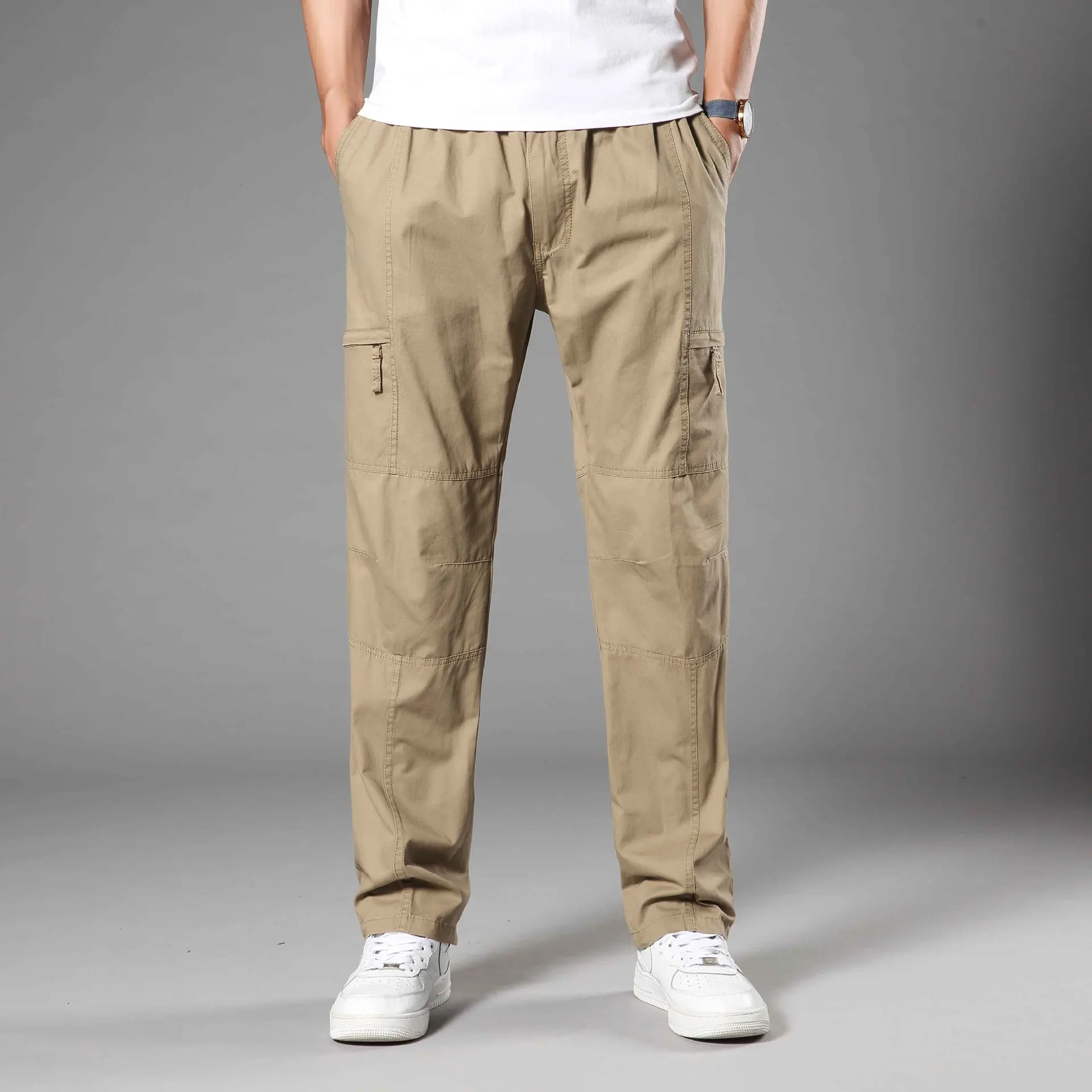 Spring Autumn Lightweight Cotton Loose Straight Multi-Pocket Cargo Pants Men's Casual Trousers