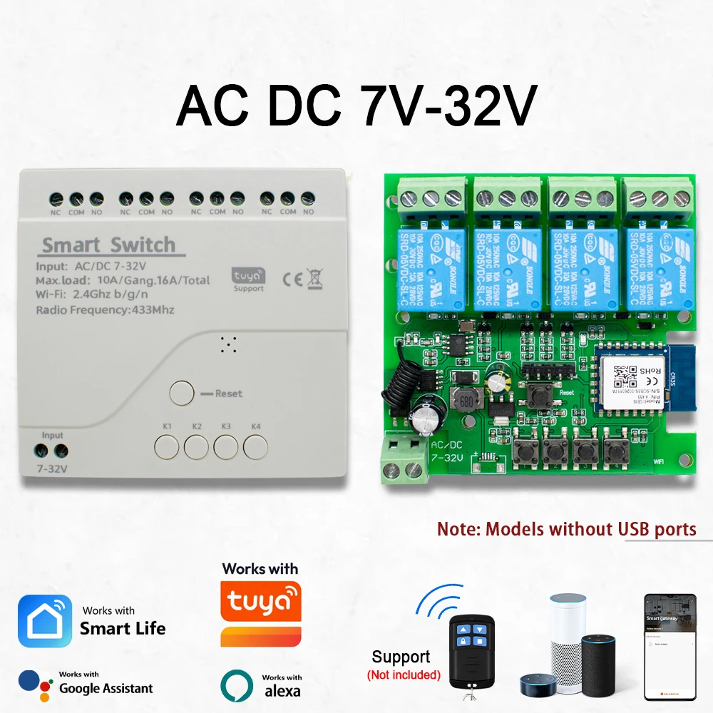 Smart Switch 4CH Relay Module Home Automation DC 12V 7-32V AC 220V RF433Mhz Remote Control 4 Gang Works With Tuya Alexa Smartlie