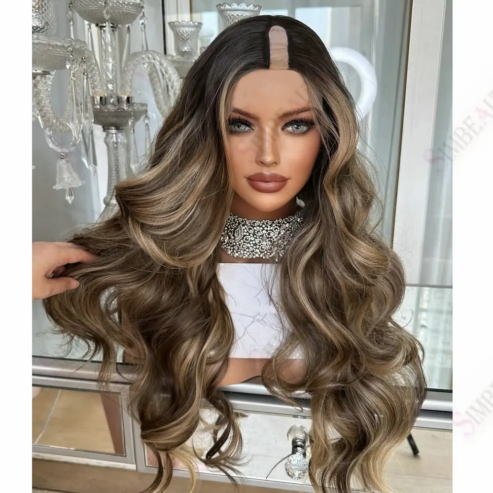 Braune Highlights, Aschblond, 1X4 Größe, U-Part-Perücken aus Echthaar, natürliche Wellenstruktur, klebefreie V-Part-Perücke aus Echthaar, einfach zu tragen für Frauen – Detail 1