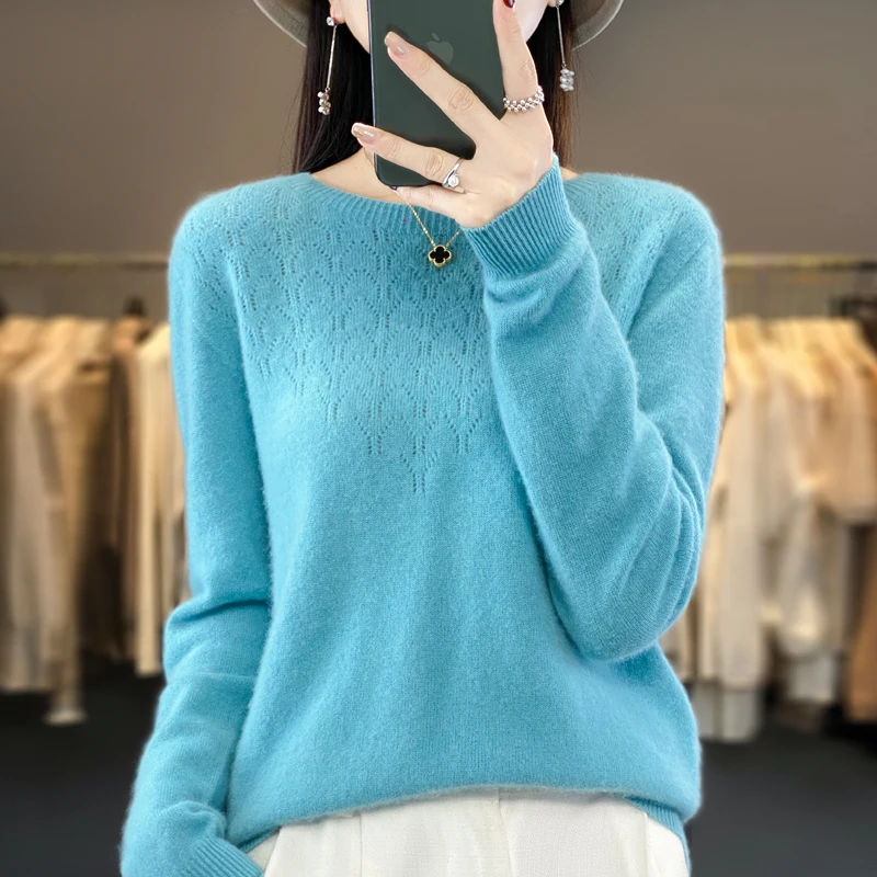 Autumn 100% Wool Sweater Women O-neck Hollow Out Long Sleeve Top Winter Fashion Casual Knitted Female Warm Loose Pullover Jumper