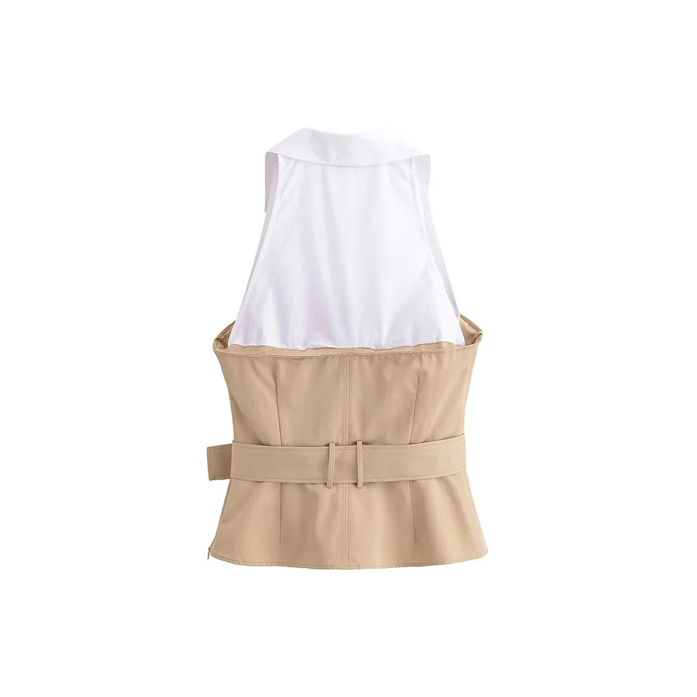 Dames contrasterende haltertop met riem Lentemode V-hals damesvest met zijrits Mouwloze vrouwelijke tanktops