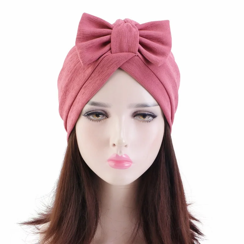 Bohemian Lady Solid Color Bow Tie Knotted Ethnic Headwrap Women Chemo Elastic Muslim Indian Beanie Turban Hat