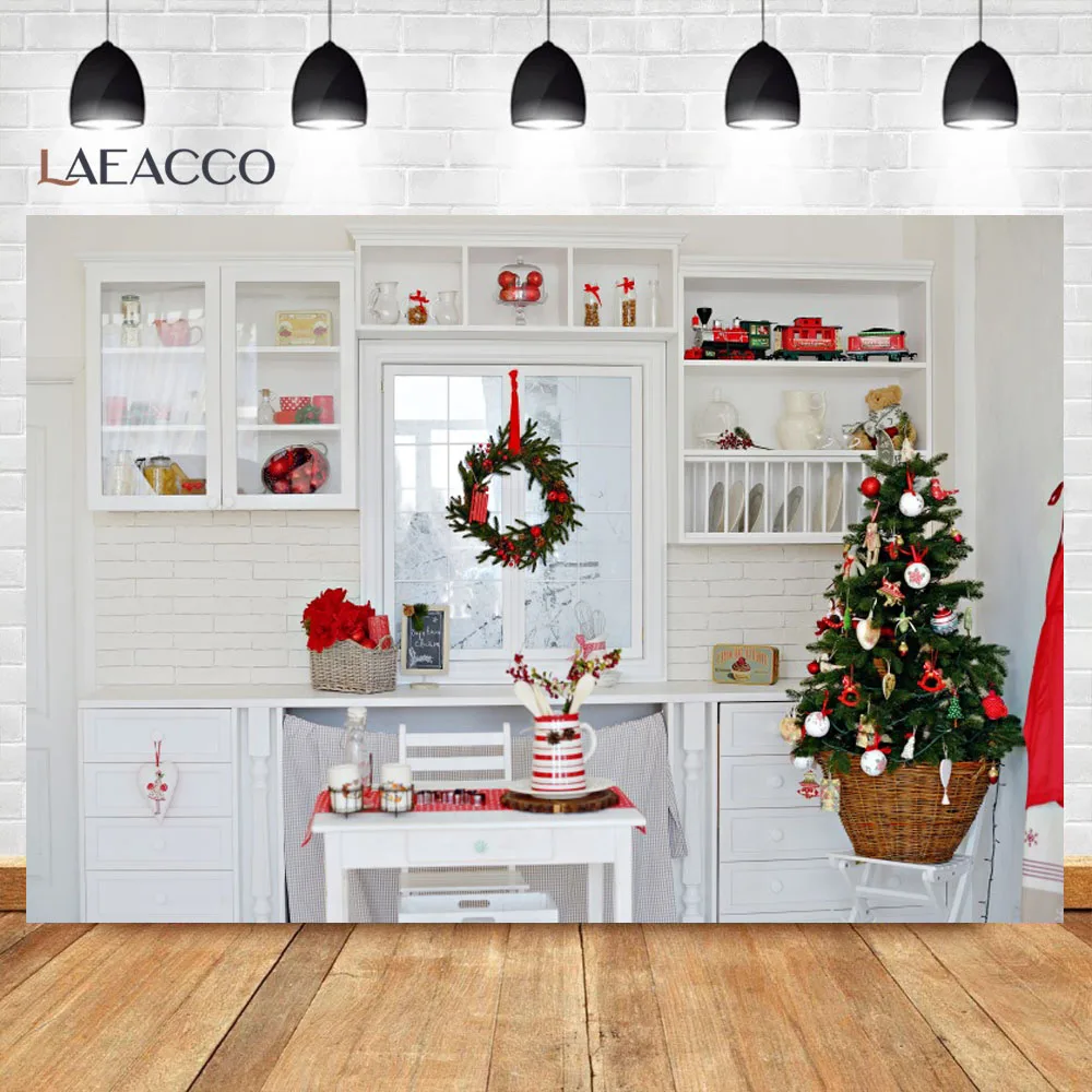 Kitchen Cupboard Christmas Party Festival Decor Interior Photocall Photography Background Wood Wall Family Party Photo Backdrop