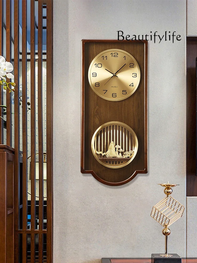 Brass Wall Clock Decorative Clock New Chinese Style Solid Wood Mute Wall Pocket Watch Creative Clock