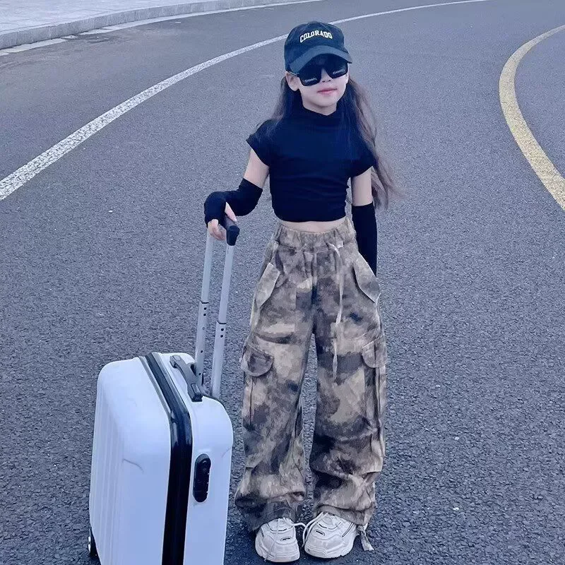 

Girls Camouflage Cargo Pants Hip Hop Street Dance Clothes Pockets Trousers Kids Straight Legged Pants Children Streetwear