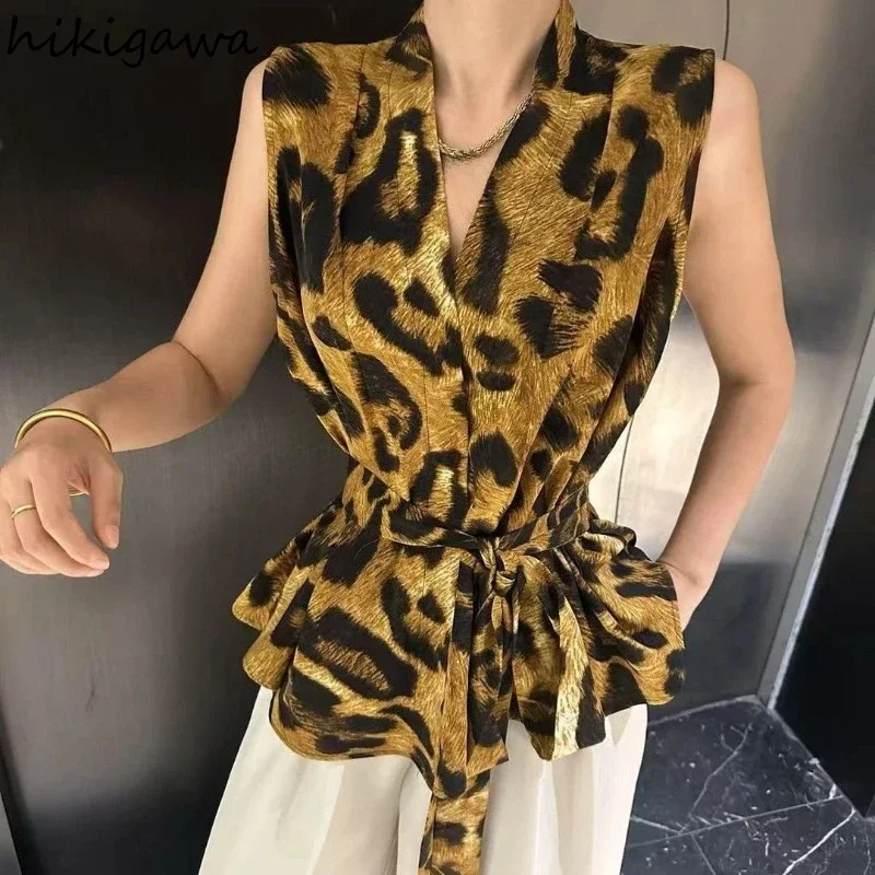 

Leopard Print Sexy Blouses 2025 Camisas De Mujer Bandage V-neck Sleeveless Shirts Temperament Summer Irregular Blouse Women Tops