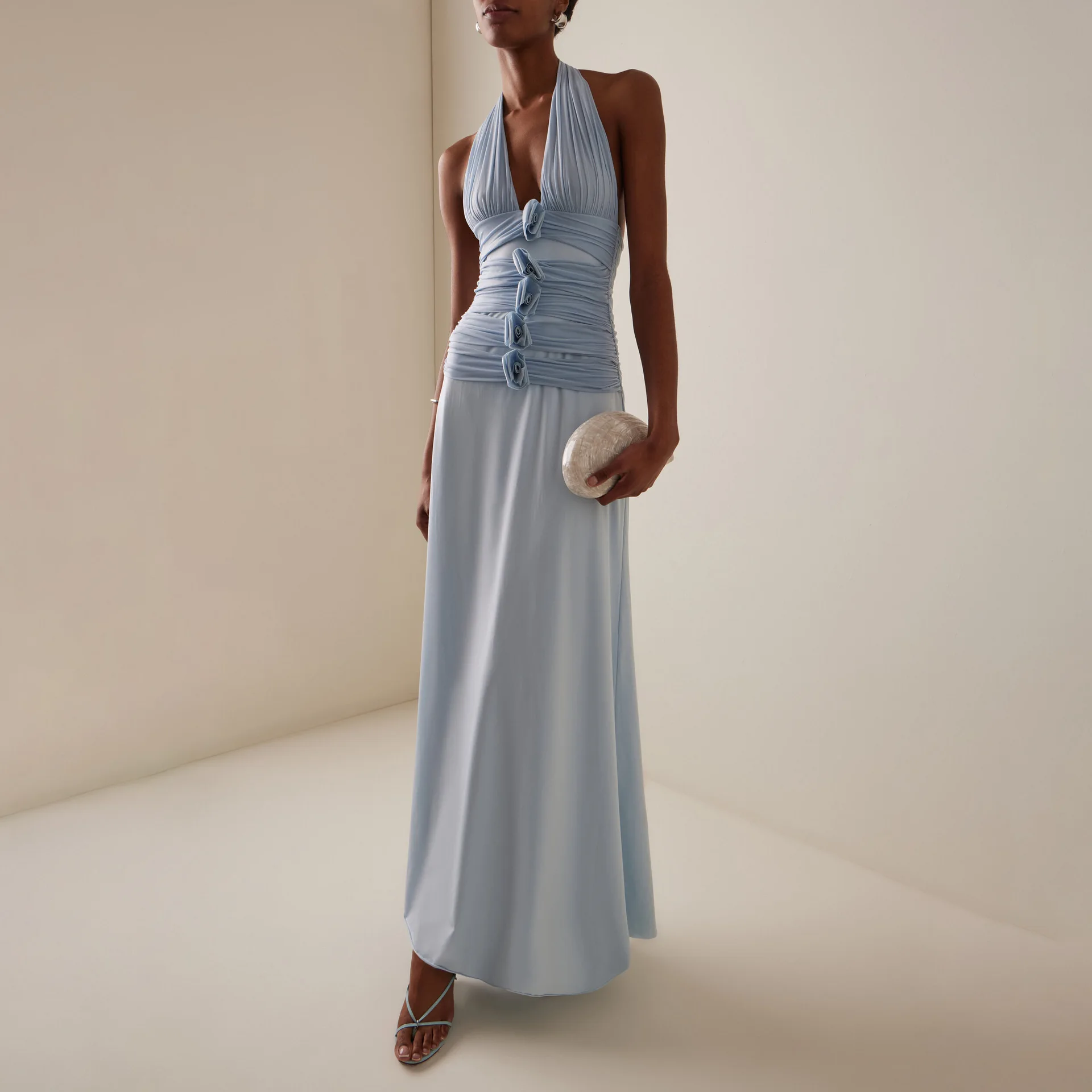 

Evening Dress Vacation Temperament Neck Split Long Dress Deep V Big Backless Three-dimensional Flower Blue Dress