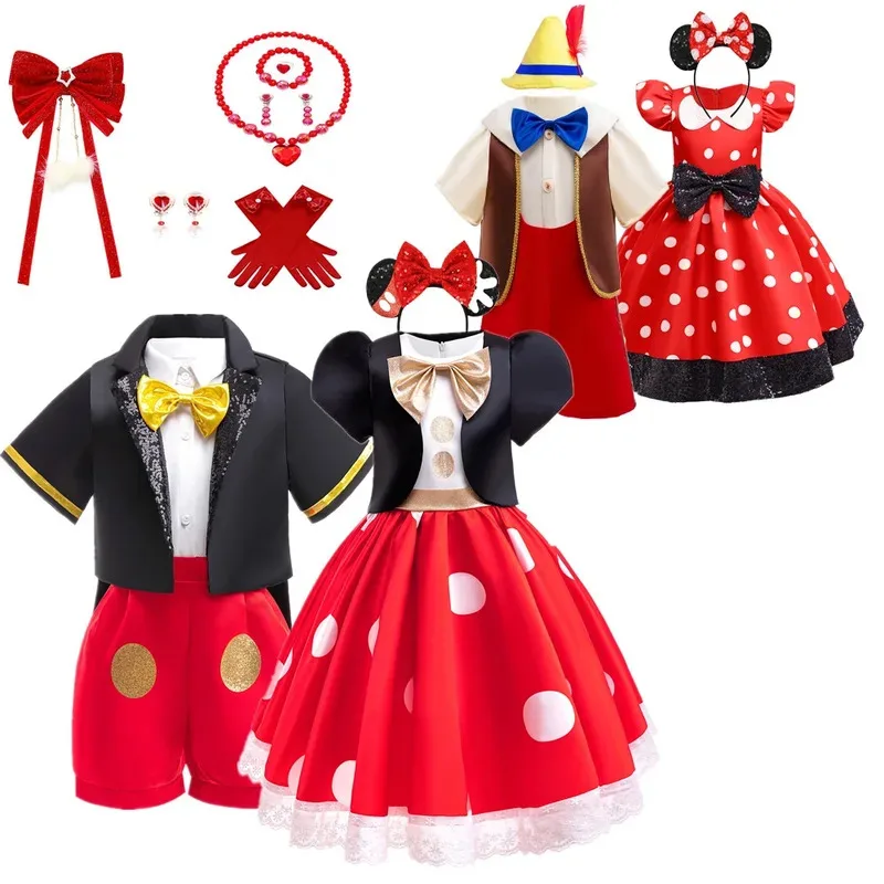 Платье принцессы с бантом для девочек, детский костюм Минни, платье с короткими рукавами, детская одежда для младенцев, платье в горошек с мышкой для детей 18–5 лет