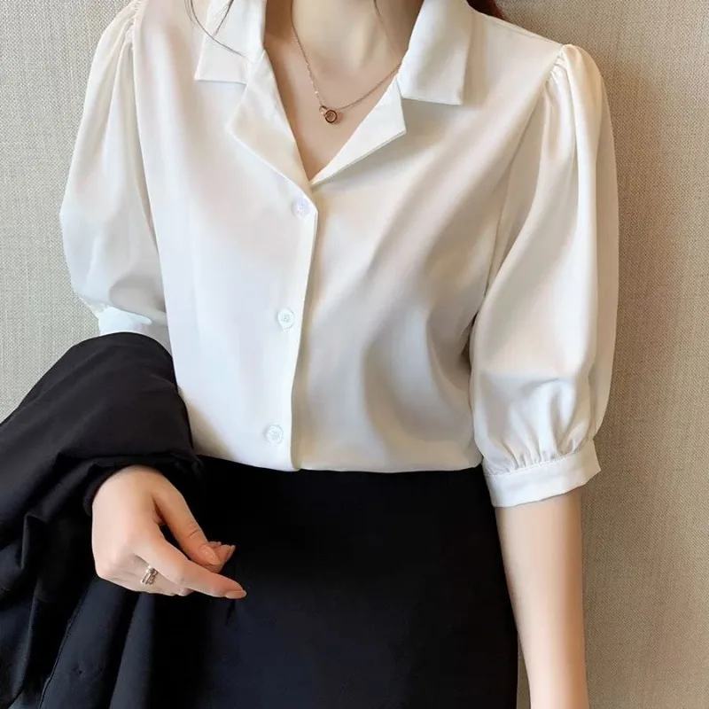 

Solid Shirt Women Spring Summer Half Sleeve Single Breasted V-neck Office Lady Fashion Minimalist Chiffon Loose Slim Elegant Fit