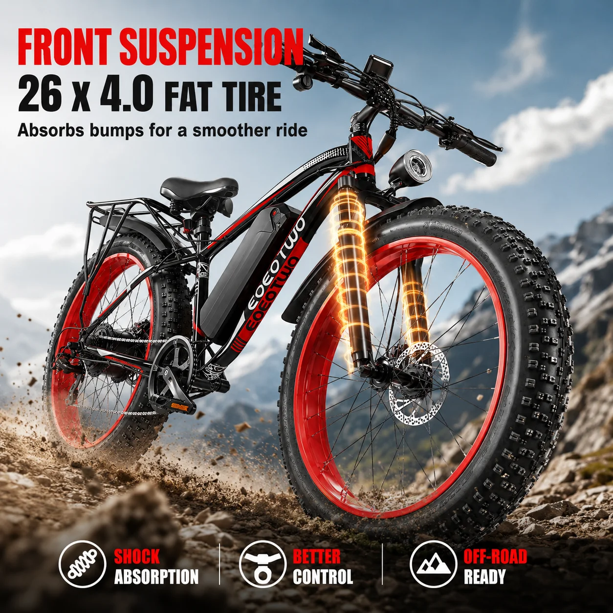 EOEOTWO E01 Heavy Duty Ebike, 400 LBS Capacity, 65Nm High Torque, Front Suspension, Rear Rack, 5 Riding Modes, Phone Holder with Charging