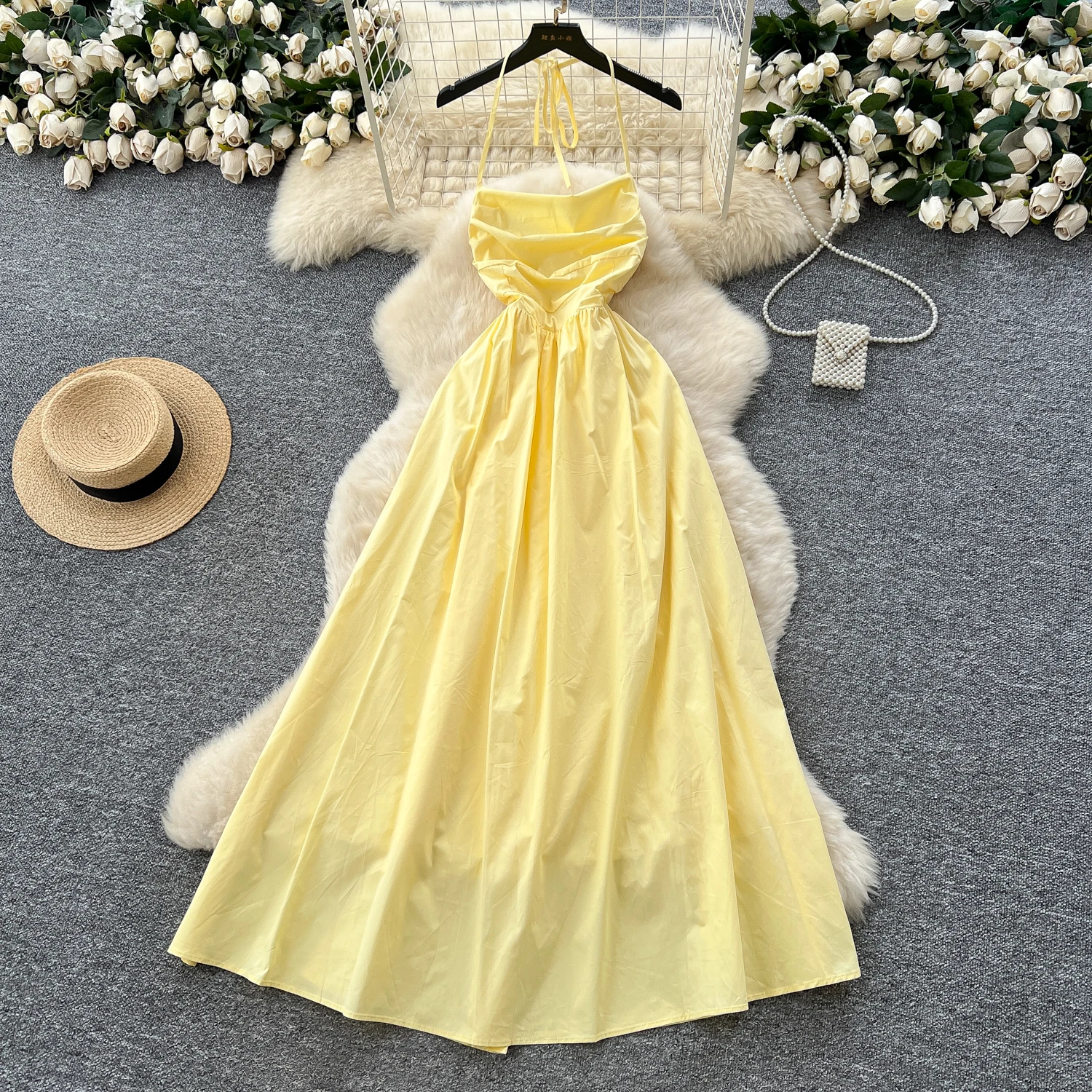 Chic Sexy swinging collar halter sleeveless Ruched Fairy A-line loose Summer  Women Boho Sundress  women clothing