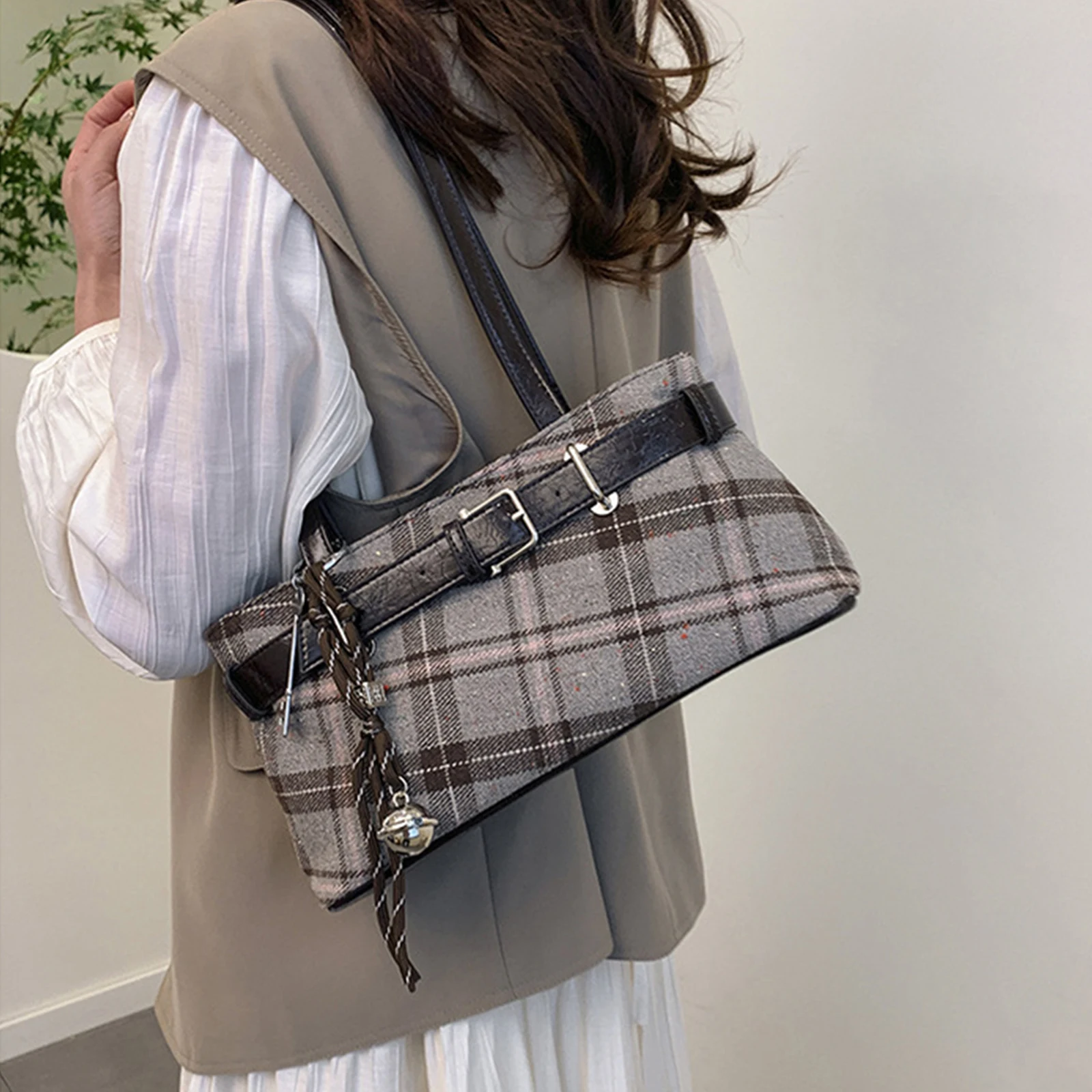 

Women Girls Canvas Plaid Fashion Checkerboard Handbag with Zipper Checkered Shoulder Bag for Work Travel