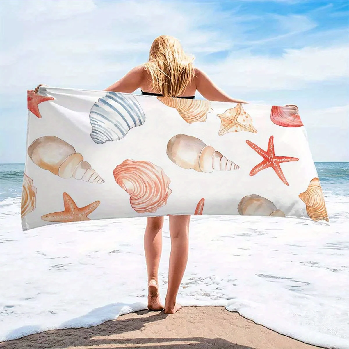 Seashells & Starfish Beach Towel Patterned Sunscreen And Windproof Suitable For Swimming Pool Camping Travel Blanket