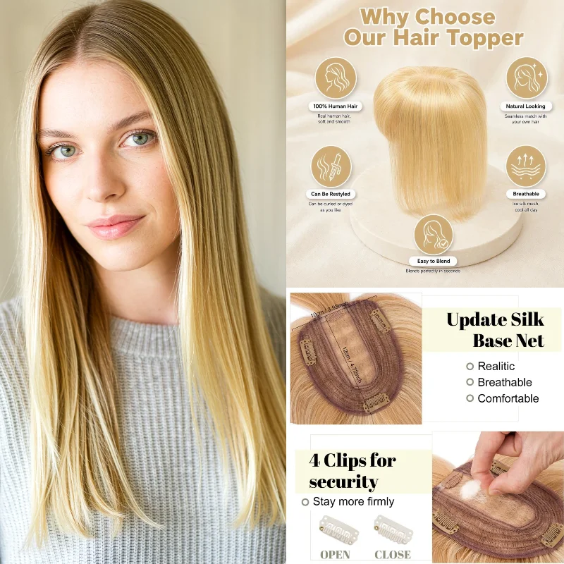 Real Human Hair Silk Lace Base Clip In Hairpiece With Bangs 8x12 35cm #P27-613 #8 In Stock 48H Ship Wholesale Dropship Wig