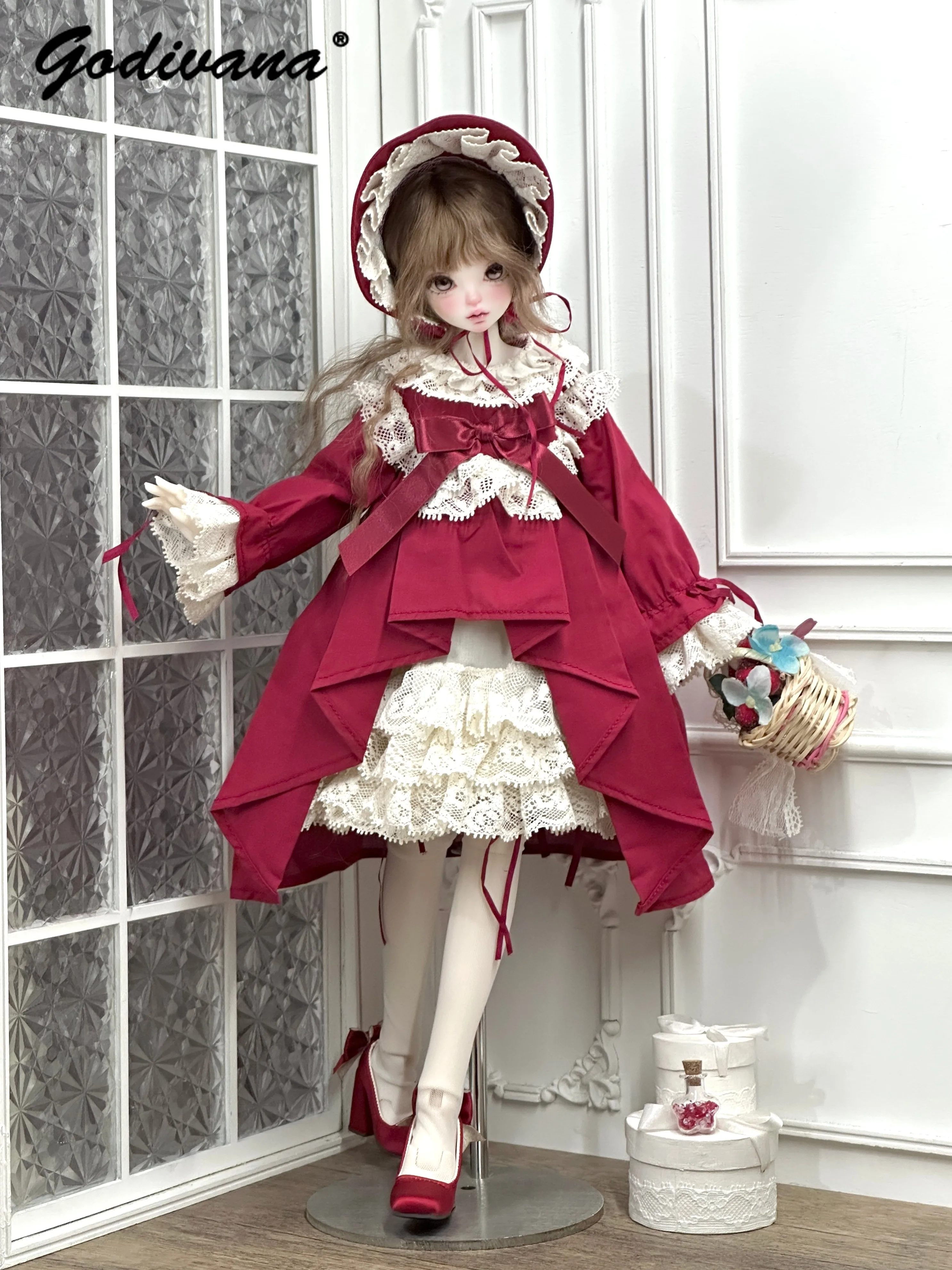 1/4 BJD Doll Clothes Vintage Little Red Riding Hood Flare Sleeve Lace Ruffle Long Dress with Bonnet Hat Outfit for 1/4 BJD Doll