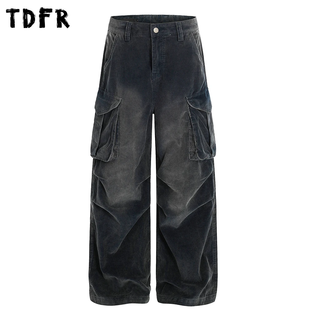 

Distressed Corduroy Cargo Pants Mens Pleated Spring Winter Retro Casual Baggy Straight Wide Leg Trousers Man