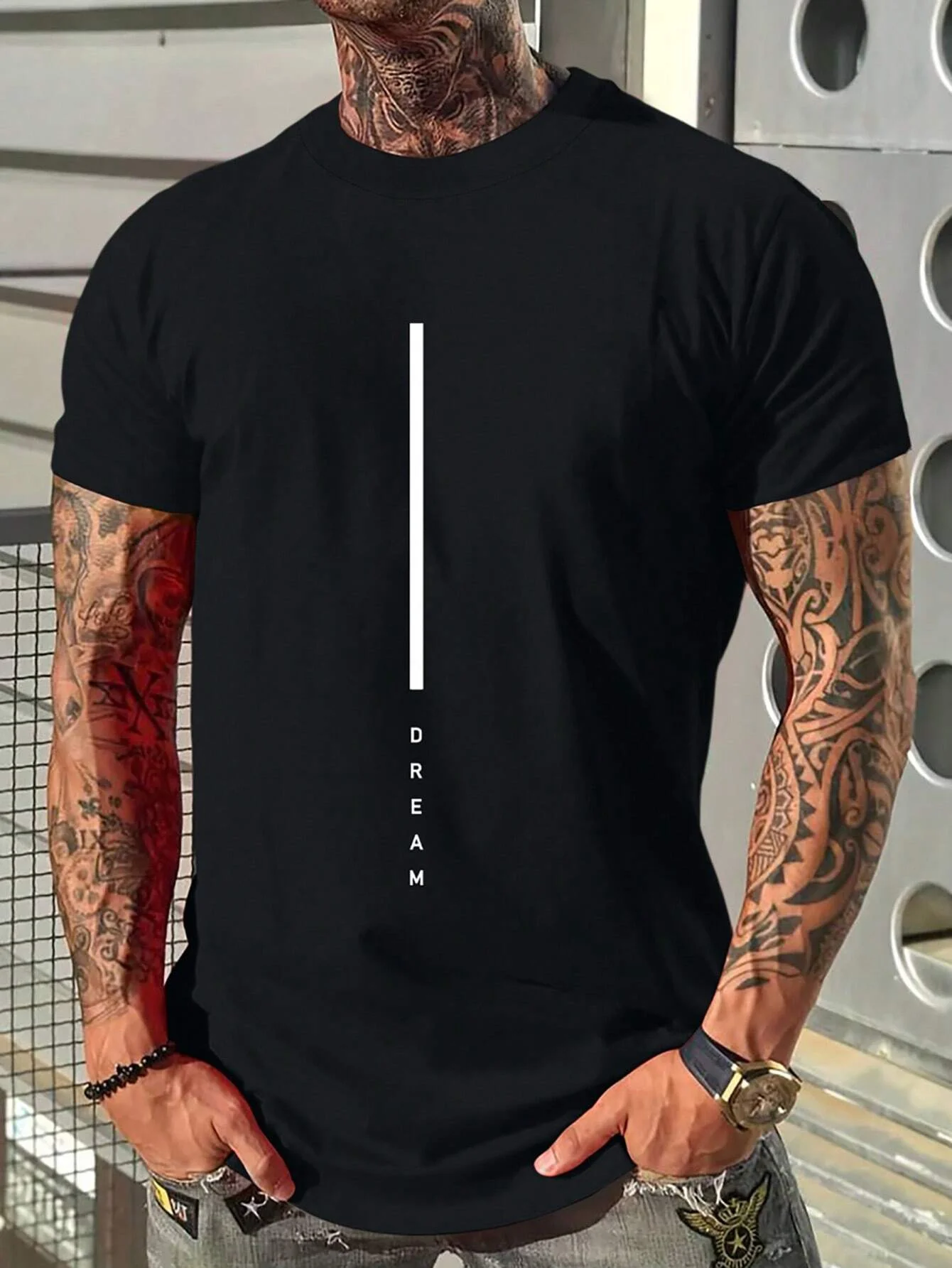 Men's 100% cotton summer loose fit DREAM Letter printed slim fit casual sports round neck short sleeved T-shirt top image 2