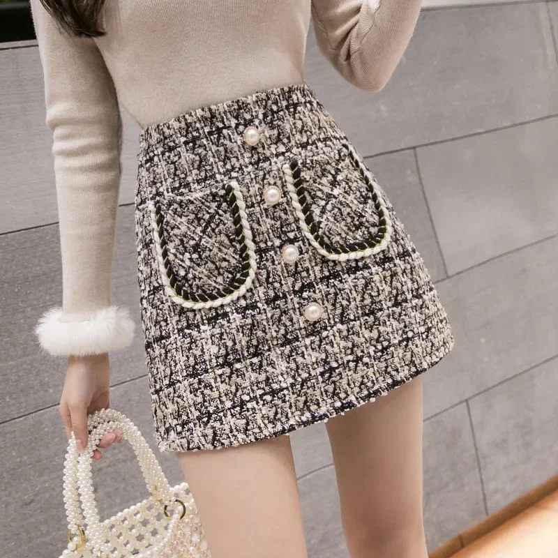 Autumn Winter Woolen Plaid Skirts Women Harajuku Faldas Vintage Trendy Mini Slim Korean Style A-line Elegant Ladies High Waist