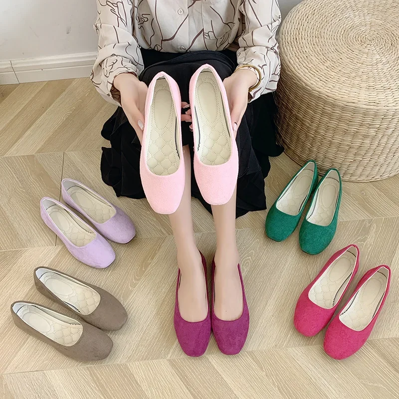 2026 Spring and Autumn Square Head Single  Fashion Flat Shoes Women's Korean Version Suede Mouth  Shoes Women's Shoes Large Size