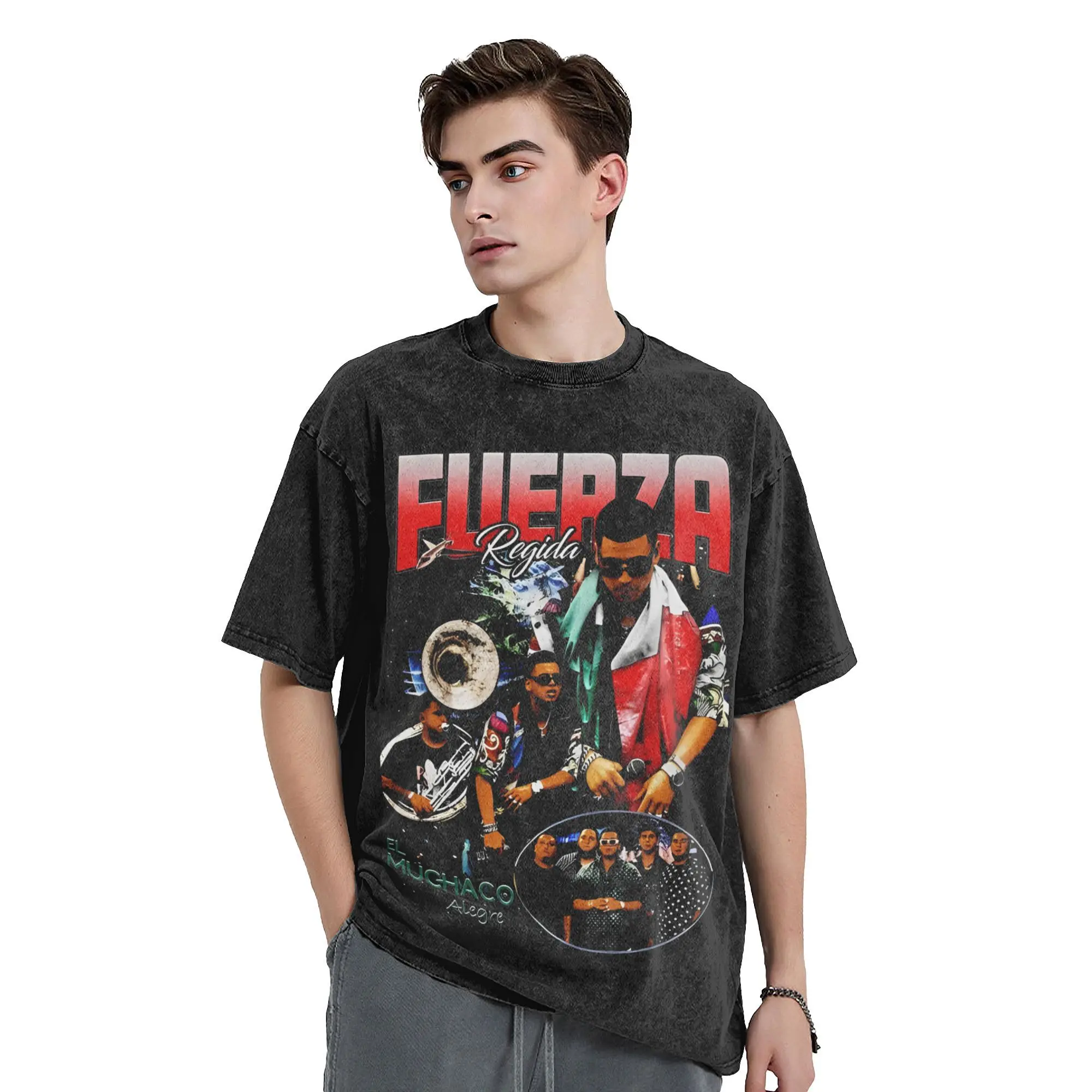 Harajuku Washed Shirt Fuerza Regida El Muchaco rapper  Outfit Cool T Shirt Harajuku  Streetwear Short Sleeve Summer Tee Shirt