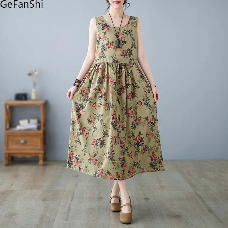 

Summer New Arrival Vintage Print Dresses For Women Sleeveless Fashion Loose Holiday Beach Thin Dress Elegant Vestidos Robe Femme