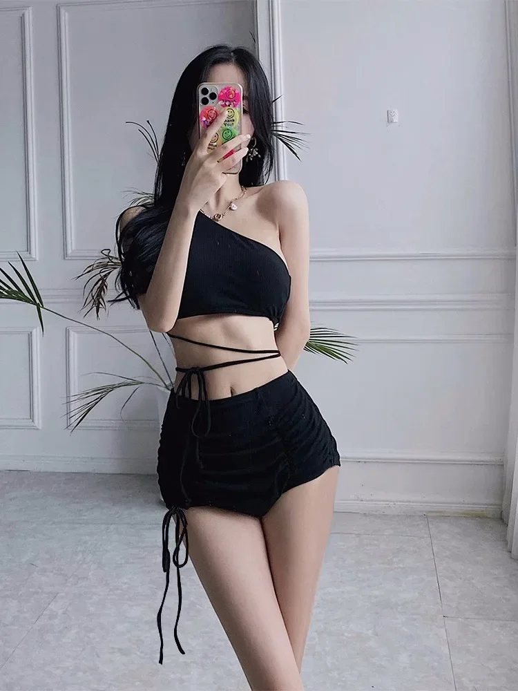 Sexy Korean Fashion One Shoulder Crop Top Mujer Black Drawstring Shorts Bottoms Bikinis Sets Two Pieces Swimsuit Padded Swimwear