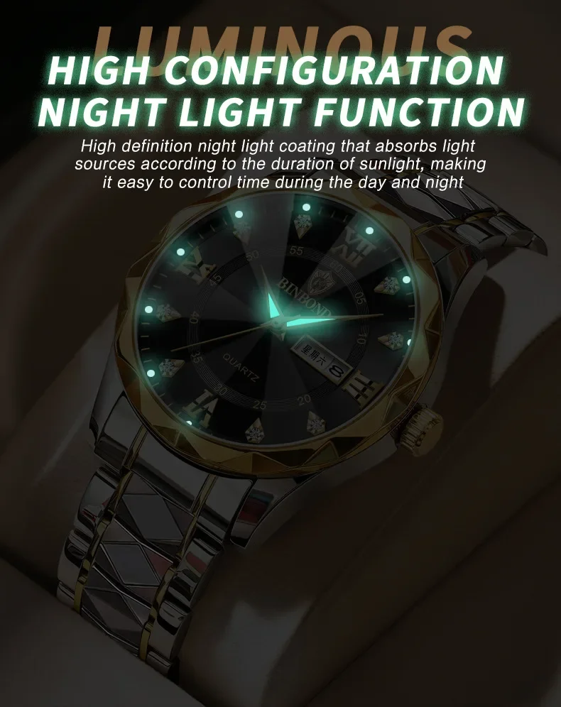 2pcs/Set BINBOND Couple Quartz Watches 30M Waterproof Fashion Diamond Valentine Day Gift Stainless Steel Watch Men Women Watch