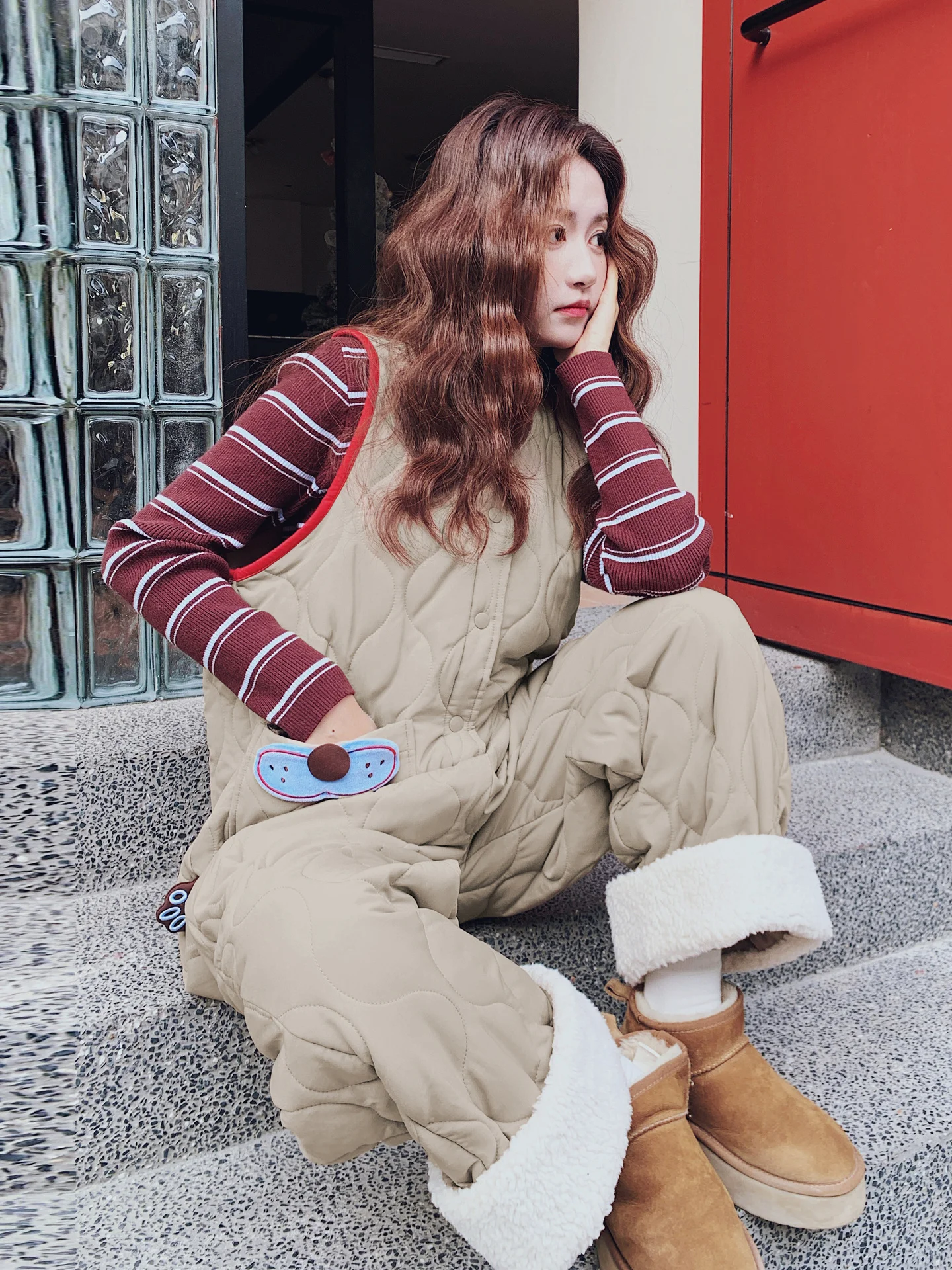 طقم جمبسوت كاجوال من القطن مبطن كاكي كسول للنساء لخريف وشتاء 2025 طقم علوي محبوك جديد مكون من قطعتين بخصر عالٍ...