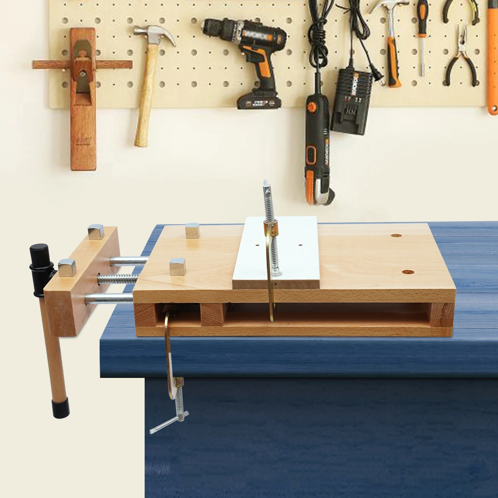 Oryginalny kolor drewna, imadło stolarskie, stół warsztatowy z litego drewna bukowego - otwór na klipsy 20 cm, stabilne mocowanie (bez uszkadzeń elementu roboczego)