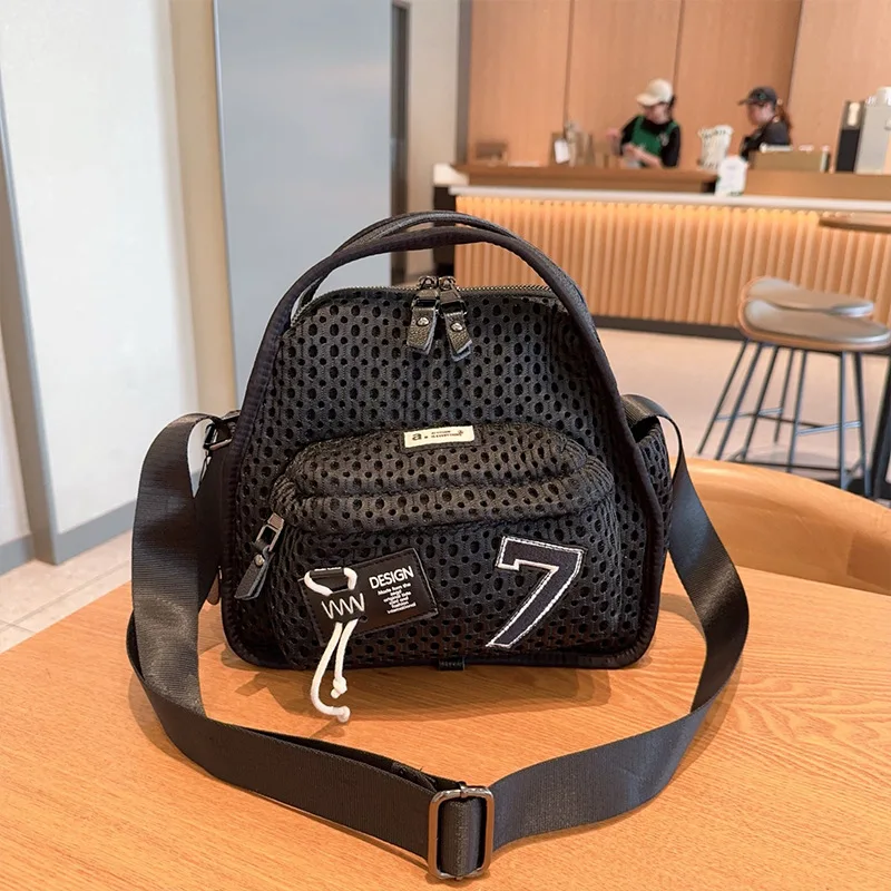 

Fashionable Mesh Patchwork Crossbody Bag Simple Lightweight Trendy Single Shoulder Handbag Neutral Minimalist Style Nylon Bags