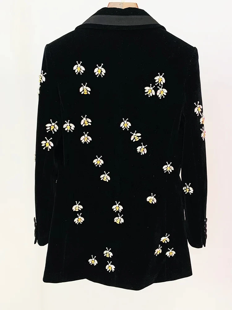 Diamond Studded Bead Design Velvet Blazer For Women Black High Waist Long Sleeve Causal Jackets Female Fashion New