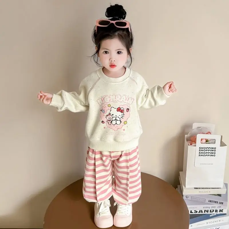 

2025 Hello Kitty Anime Kawaii MINISO Long Sleeve Shirt Pants Cute Spring Autumn Hoodie Top Two-piece Set Children Clothes Gifts