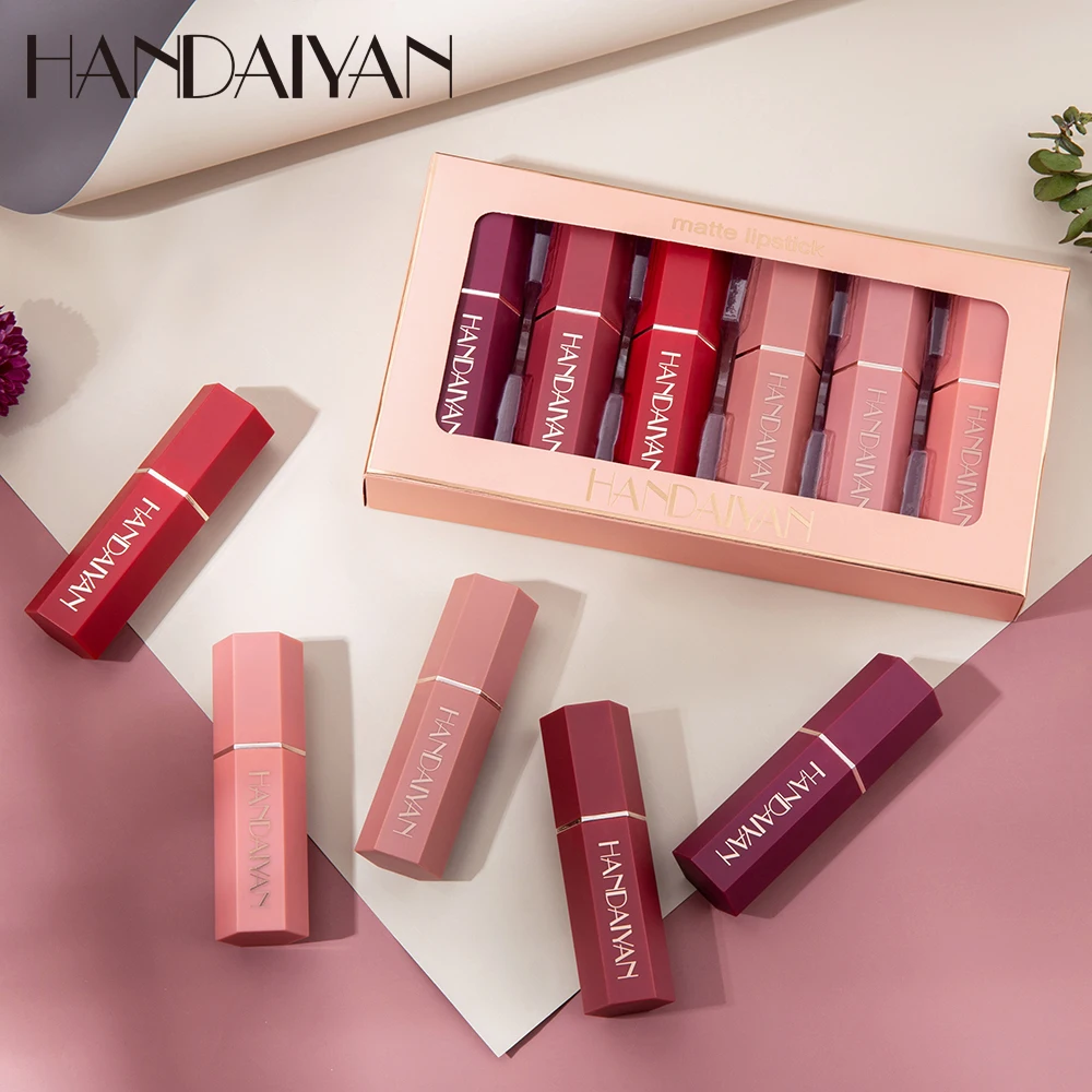 HANDIAYAN 6 Colors/Box Nude Velvet Lipstick Kit Makeup Cosmetics Cream Matte Lip Stick Set Waterproof Silky Matt Lip Balm Pencil