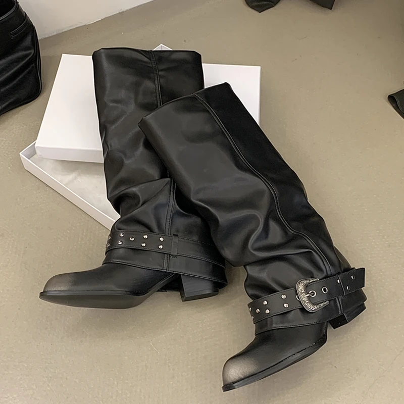 Eilyken New Fashion Pointed Toe Women Knee-High Boots Punk Design Style Splicing Belt Buckle Square Low Heels Shoes image 2