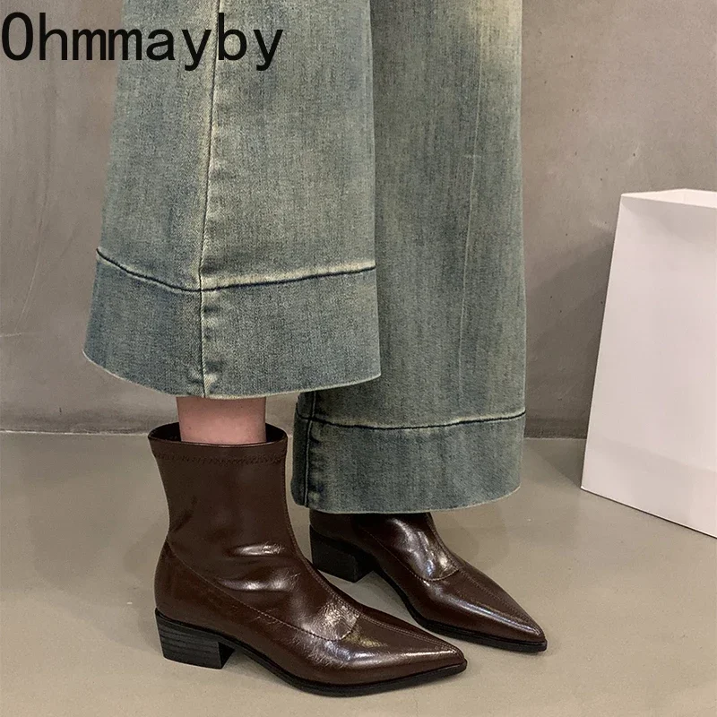 Street Style Women Ankle Boots Fashion Pointed Toe Short Booties Ladies Square Heels Party Pumps Shoes