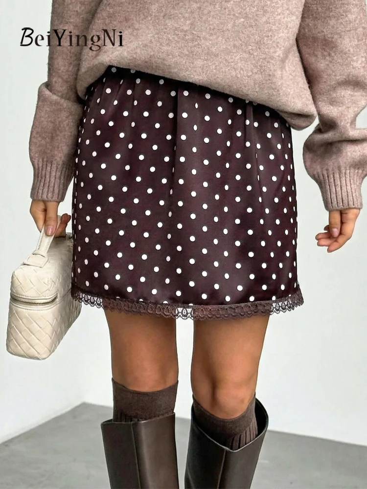 Beiyingni American Style Casual Satin Skirts for Women Polka Dot Printed Street Office Ladies Short Skirt Lace Patchwork Skirt