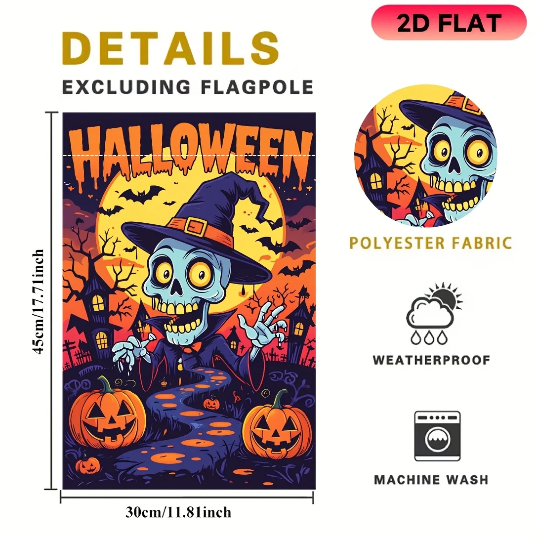 2D Flat Garden Flag 1 Piece, Full Moon Skull Wizard Halloween Garden Flag, Halloween Celebration Flag, Durable Polyester Material, Very Suitable for Garden, Lawn, Courtyard, Home, Outdoor, Beach Decoration Flags, Halloween Celebration Decoration Flags