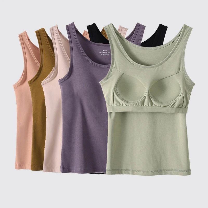 Womens Cotton Camis With Cups Solid color Female Slim Sleeveless Casual Vest Solid Color Crop Lower Cut Top For Ladies