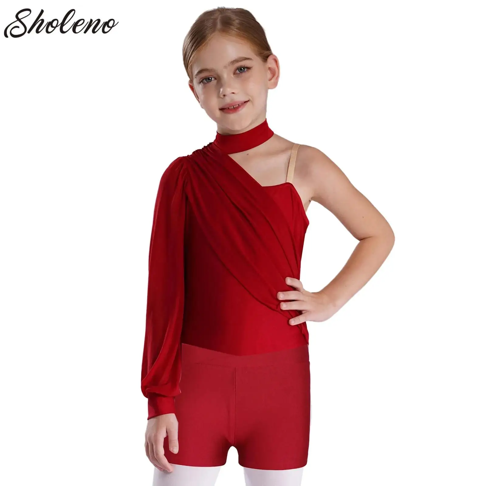 Kids Girls One Shoulder Long Sleeve Ballet Dance Leotard Skating Rhythmic Gymnastics Unitard Jumpsuit with Shorts Dancewear Set