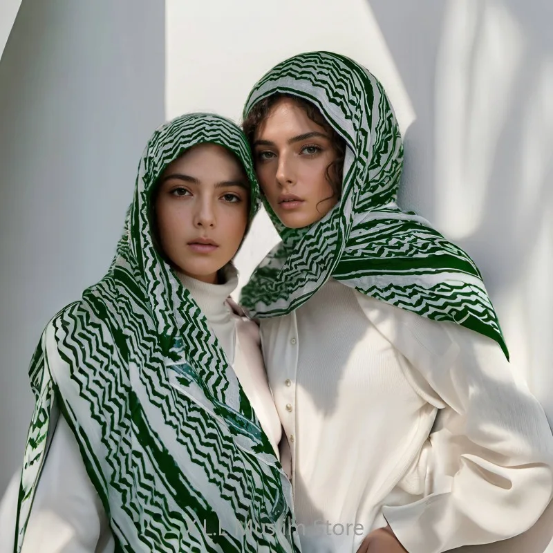 Lenço Longo de Chiffon para Mulheres Muçulmanas, Oração Keffiyeh, Hijab Suave, Padrão Geométrico, Voile de Impressão, Xale das Mulheres Muçulmanas, 180x70cm