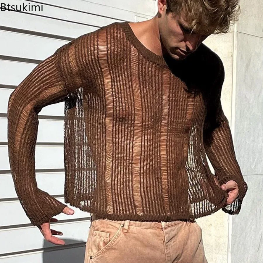 2026 Men's Long Sleeve Knitted Mesh T-shirts Sexy Hollow Out Streetwear Men Loose Casual O-neck Pullovers Spring Bottoming Tops